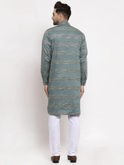 Men Green & White Woven Design Kurta with Pyjamas ( JOKP 621 Green )-JOKP-621