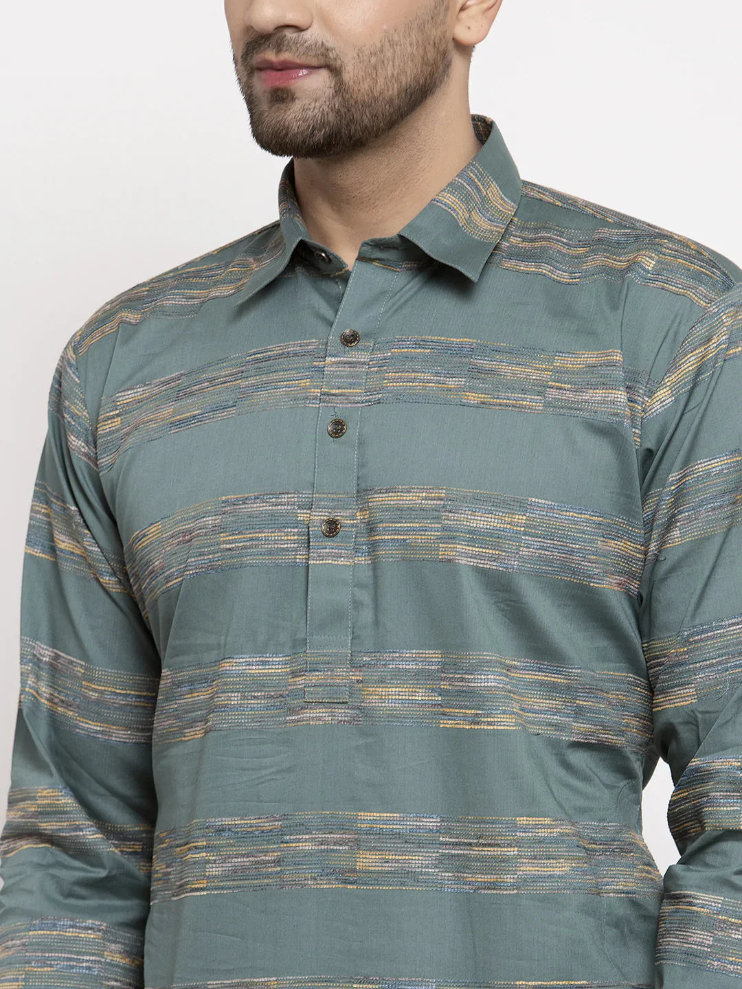 Green & White Woven Mens Kurta Pajama Set | Cotton Blend