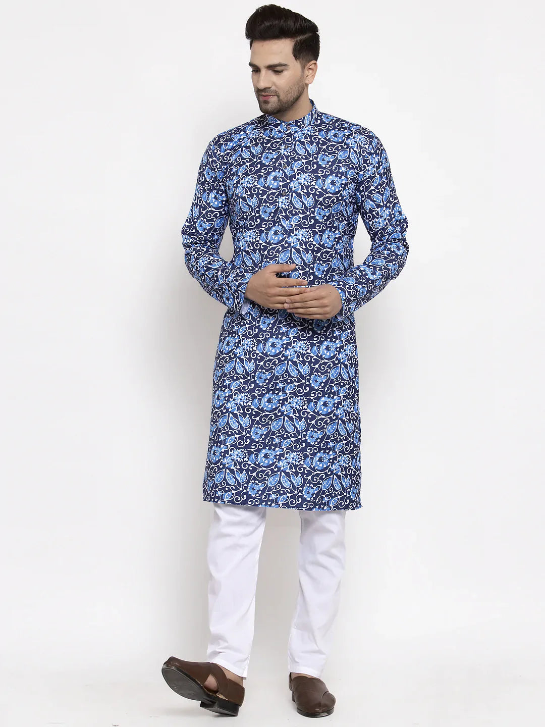 Blue Printed Cotton Mens Kurta Pajama Set | Ethnic Wear