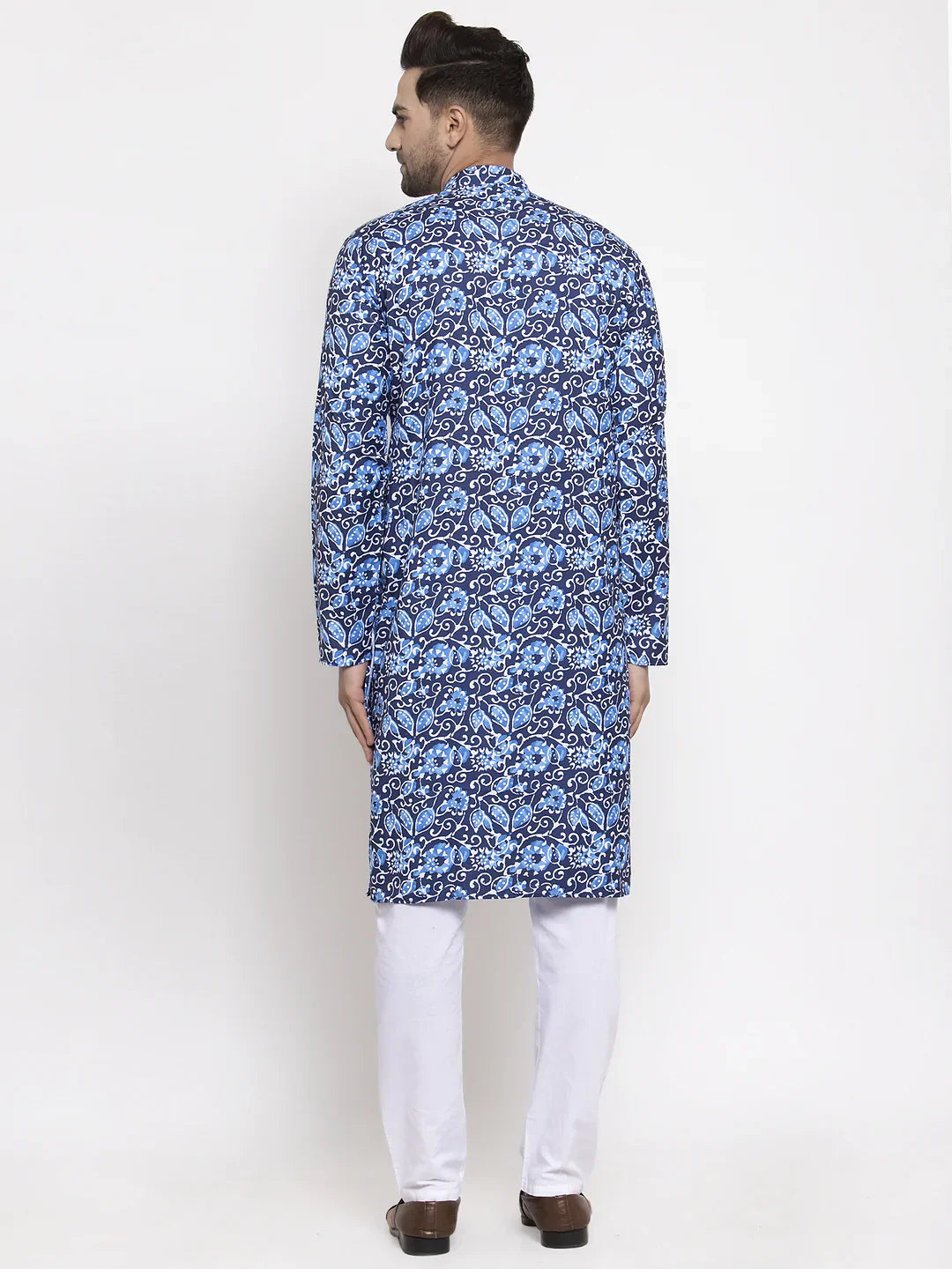 Blue Printed Cotton Mens Kurta Pajama Set | Ethnic Wear