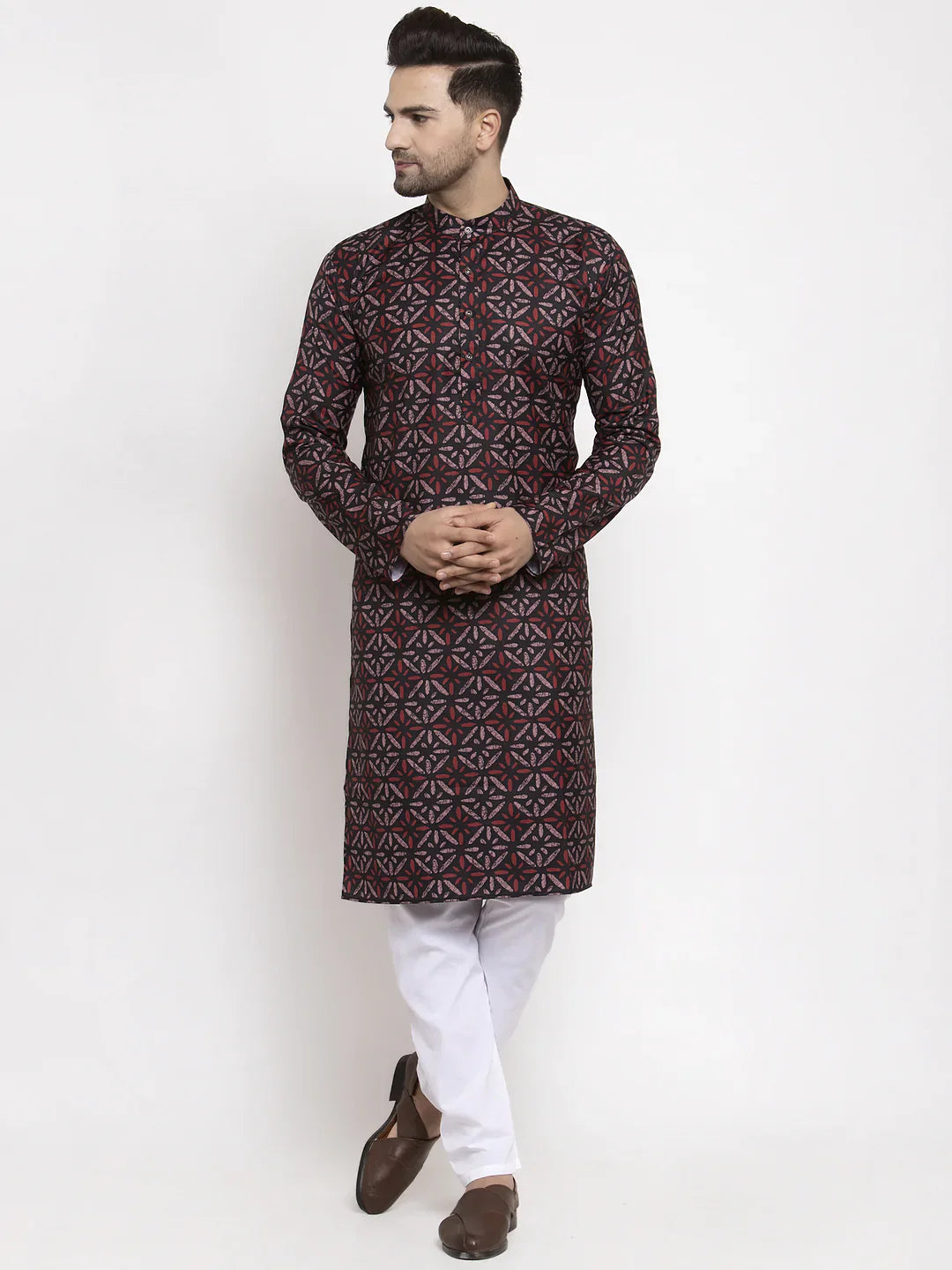 Brown Printed Cotton Mens Kurta Pajama Set | Ethnic Wear