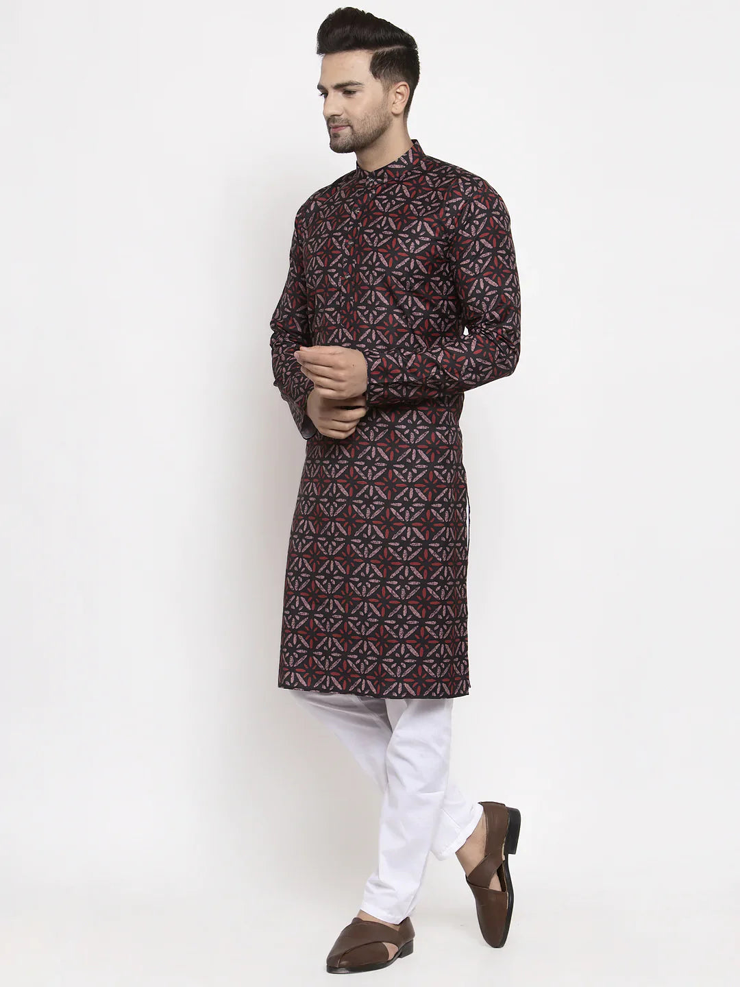 Brown Printed Cotton Mens Kurta Pajama Set | Ethnic Wear