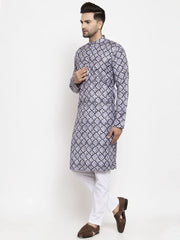 Men Blue & White Printed Kurta with Churidar ( JOKP 623 Indigo )-JOKP-623
