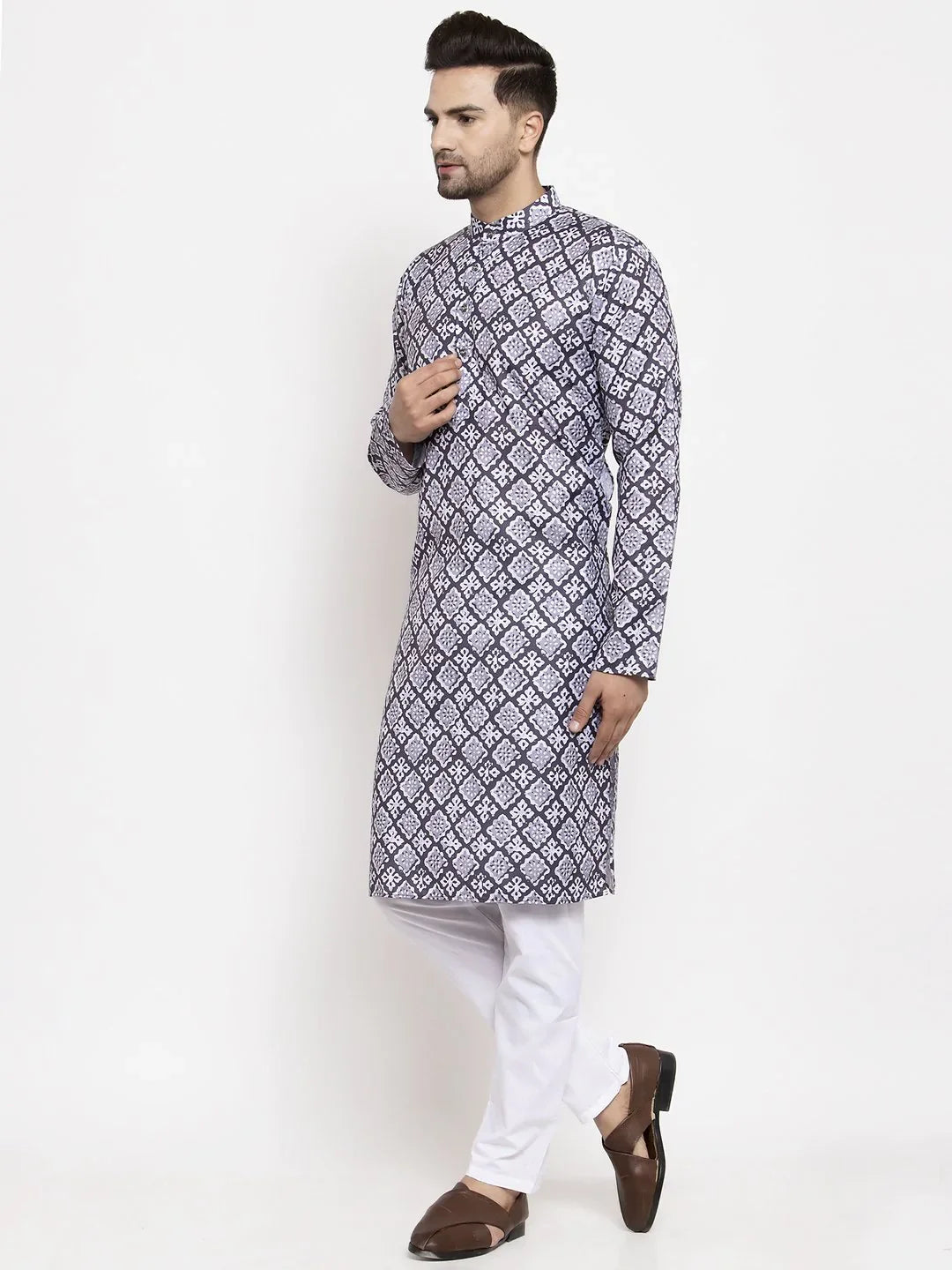 Blue & White Printed Mens Kurta Only | Indian Kurta