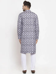 Men Blue & White Printed Kurta with Churidar ( JOKP 623 Indigo )-JOKP-623