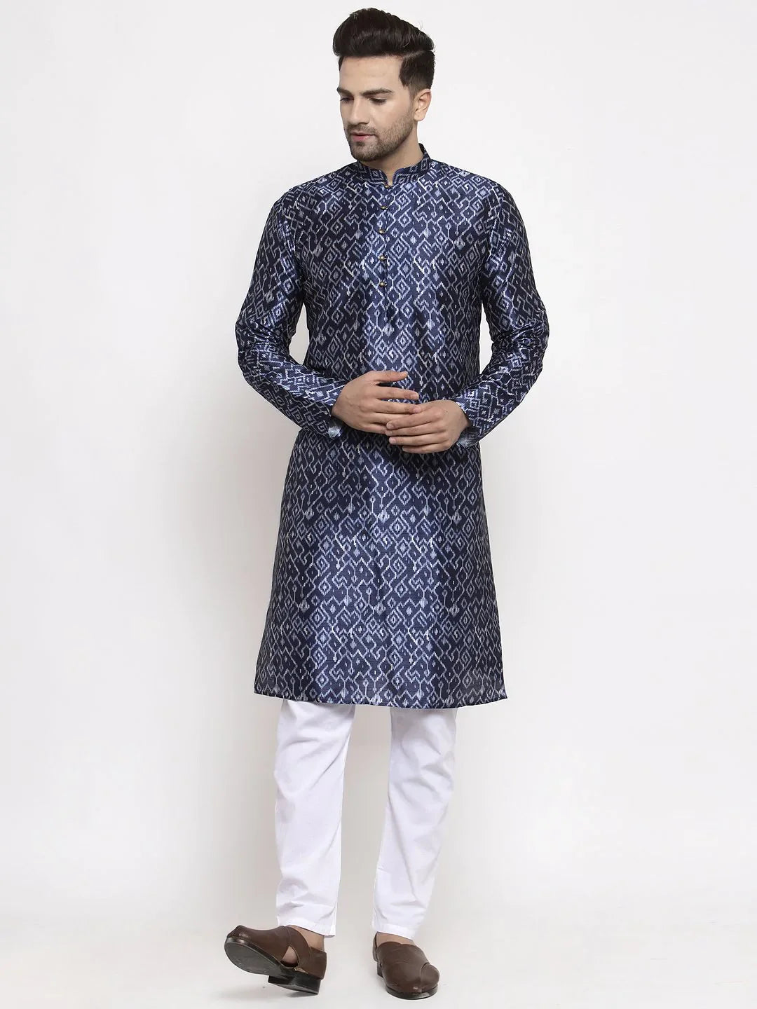 Navy & White Printed Mens Kurta | Modern Indian Kurta for Men