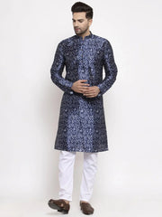 Men Navy Blue & White Printed Kurta Only ( KO 624 Blue )-KO-624