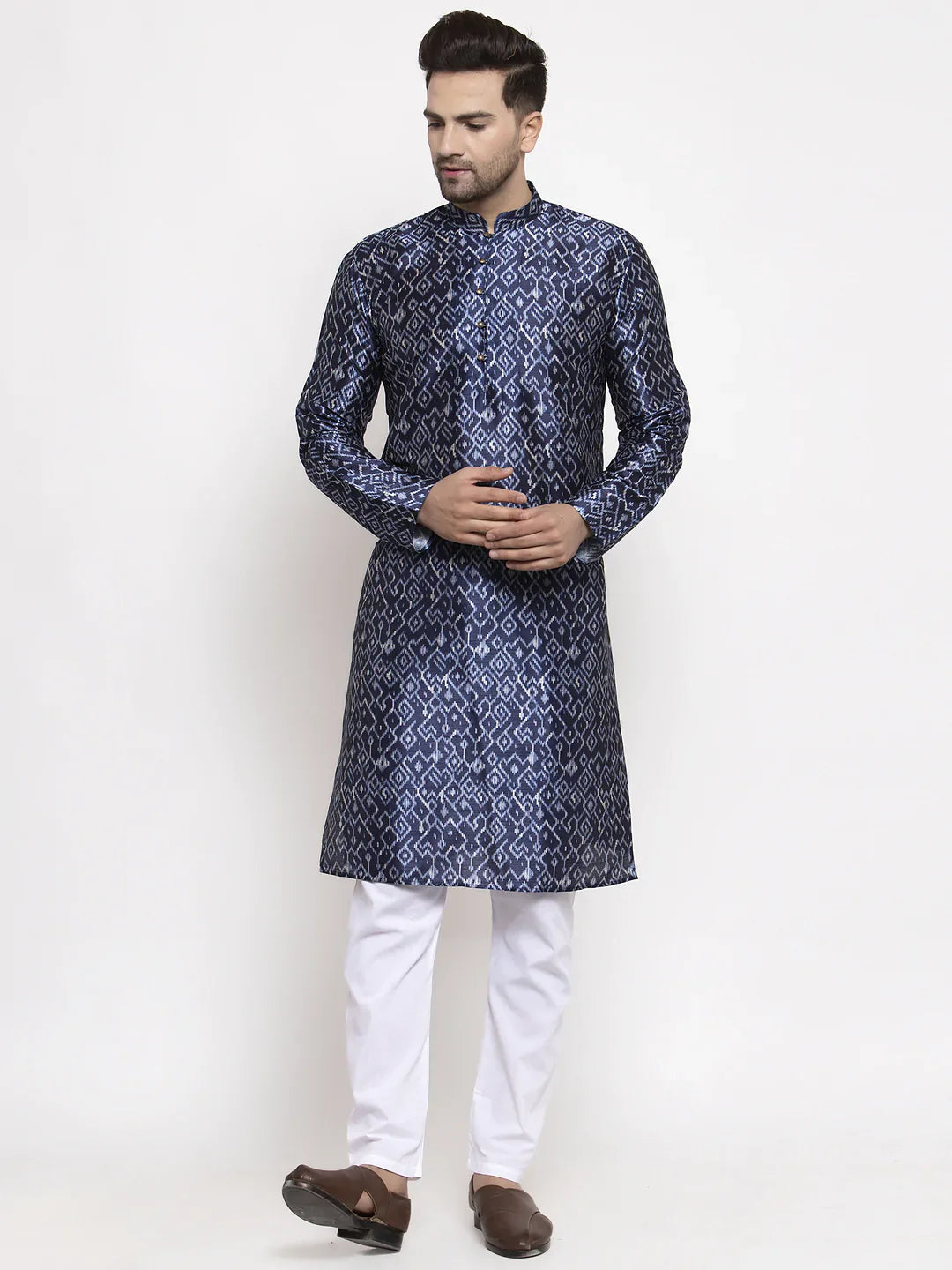 Navy & White Mens Kurta Pajama Set - Printed Cotton Ethnic Wear