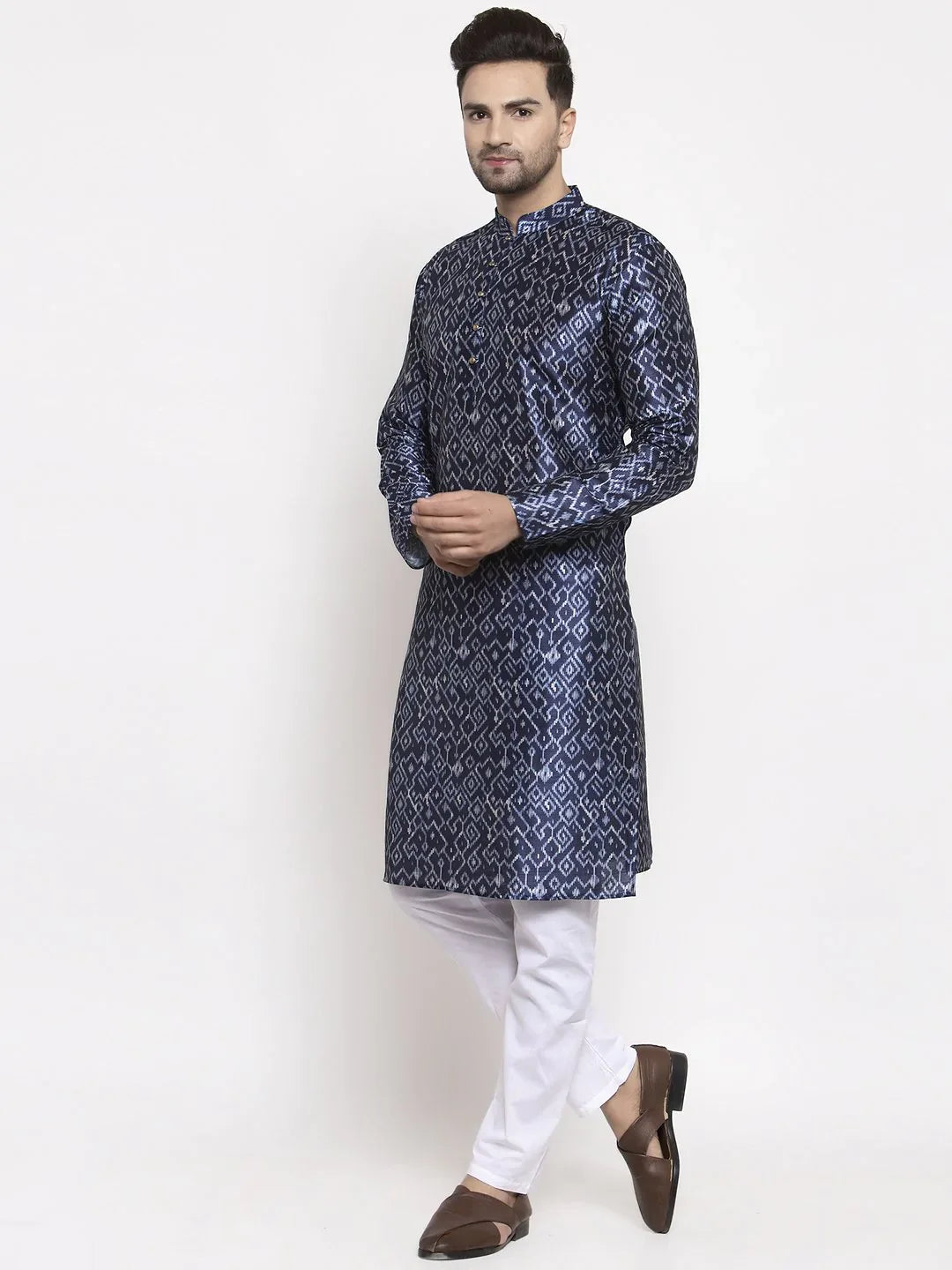 Navy & White Printed Mens Kurta | Modern Indian Kurta for Men