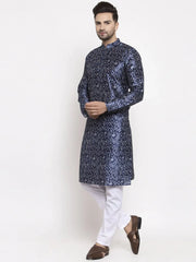 Men Navy Blue & White Printed Kurta Only ( KO 624 Blue )-KO-624