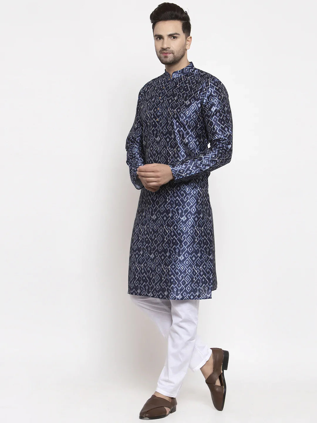 Navy & White Mens Kurta Pajama Set - Printed Cotton Ethnic Wear