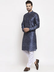 Men Navy Blue & White Printed Kurta with Pyjamas ( JOKP 624 Blue )-JOKP-624