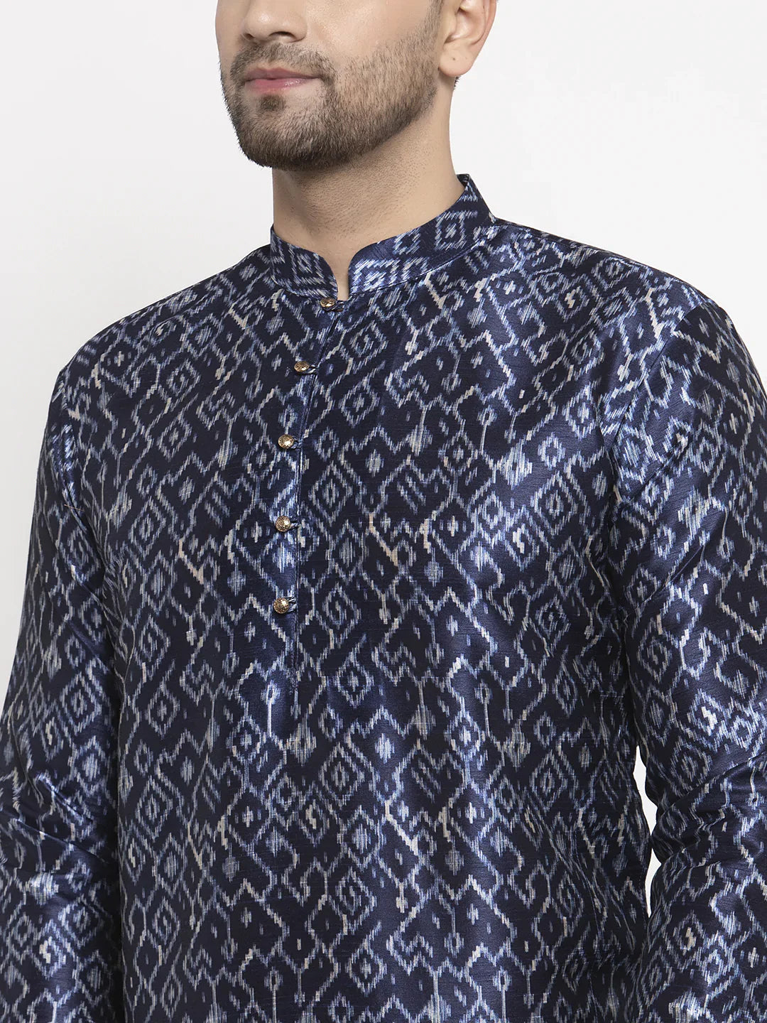 Navy & White Mens Kurta Pajama Set - Printed Cotton Ethnic Wear