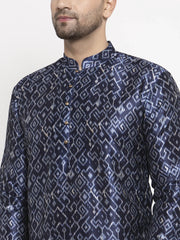 Men Navy Blue & White Printed Kurta with Pyjamas ( JOKP 624 Blue )-JOKP-624