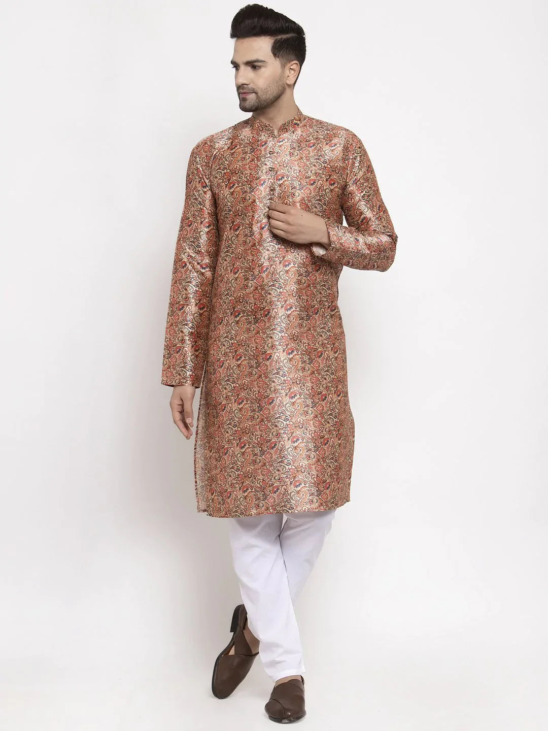 Golden Printed Mens Kurta Only | Silk Kurta for Men