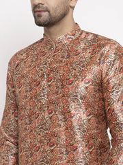 Men Golden Printed Kurta with Pyjamas ( JOKP 624 Golden )-JOKP-624