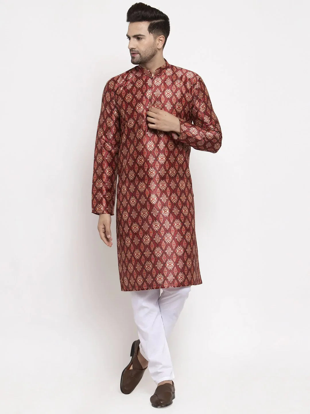 Maroon Printed Mens Kurta Only | Wedding Kurta for Men