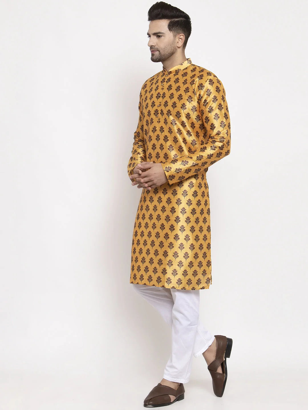 Yellow Printed Mens Kurta Pajama Set - Cotton Kurta Pajama