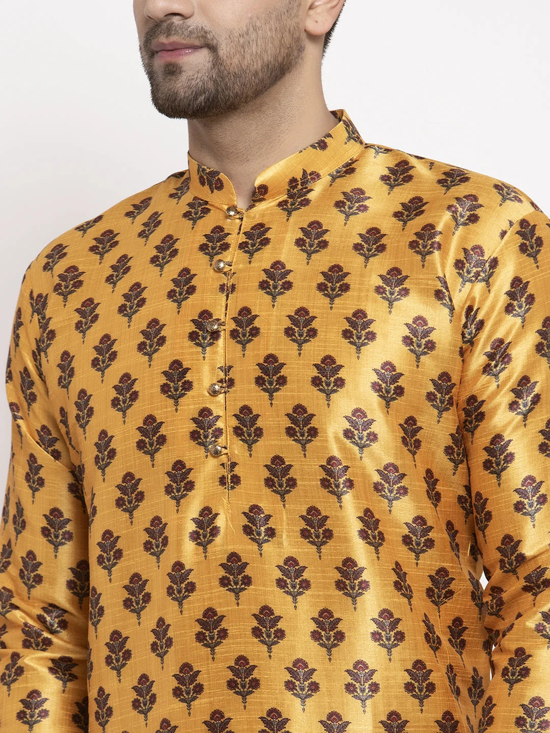 Yellow Printed Mens Kurta Pajama Set - Cotton Kurta Pajama