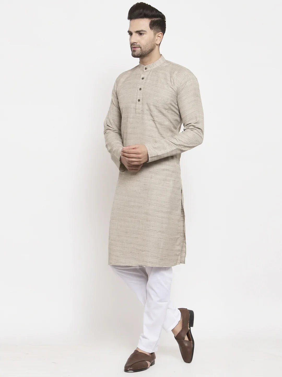 Grey Cotton Mens Kurta Pajama Set - Modern Pathani Style