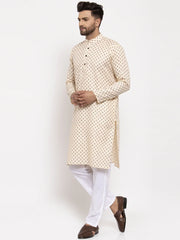 Men Cream-Coloured Printed Kurta with Pyjamas ( JOKP 627 Off-White )-JOKP-627