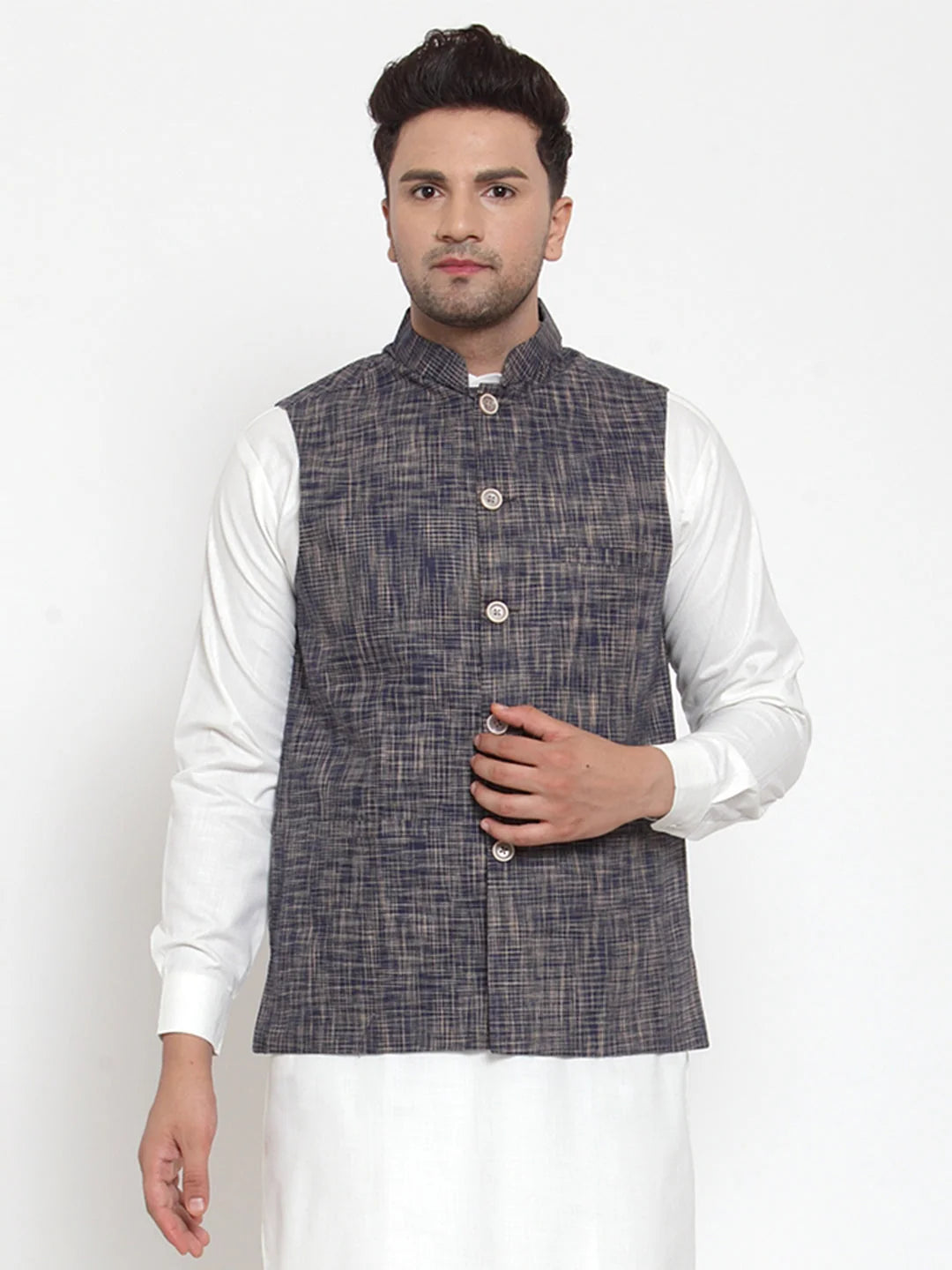 Men's Blue Woven Design Nehru- Jacket