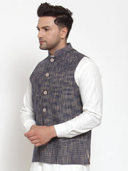 Men's Blue Woven Design Nehru- Jacket