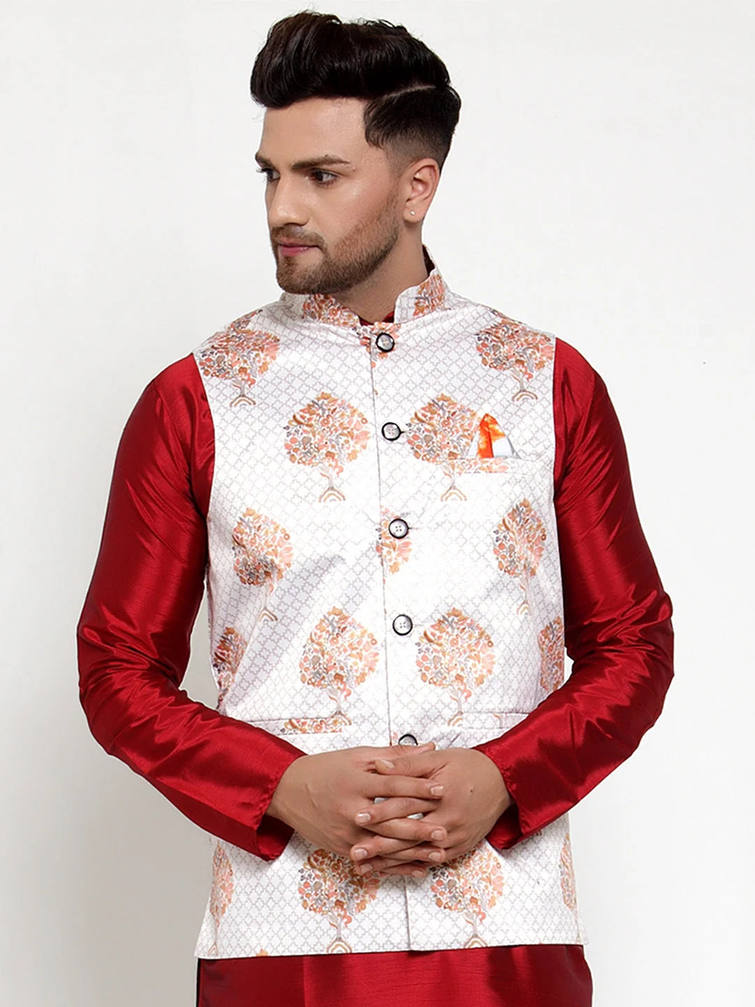 Men's White Printed Nehru Jacket - Cotton Modi Jacket Online