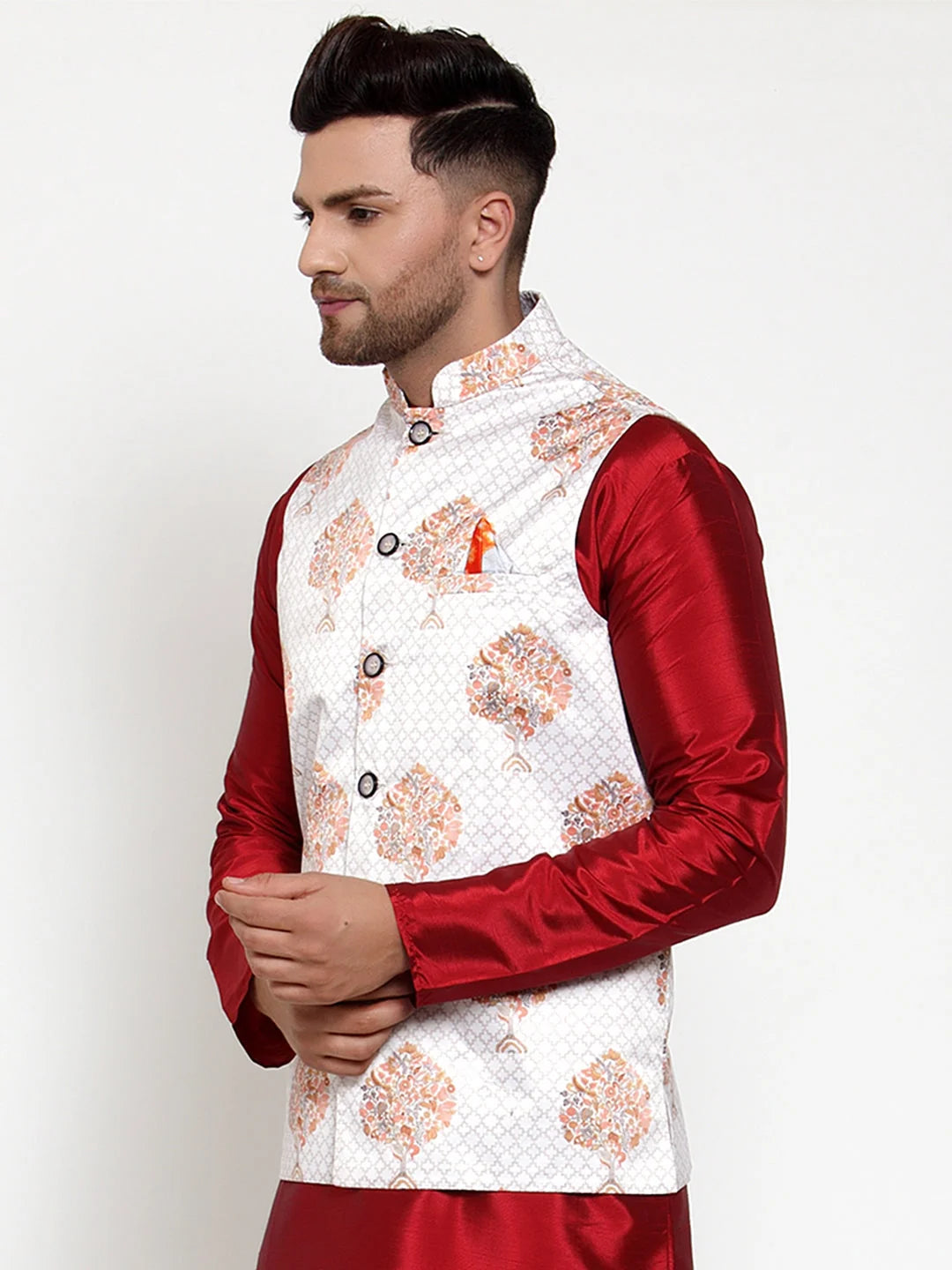 Men's White Printed Nehru Jacket - Cotton Modi Jacket Online