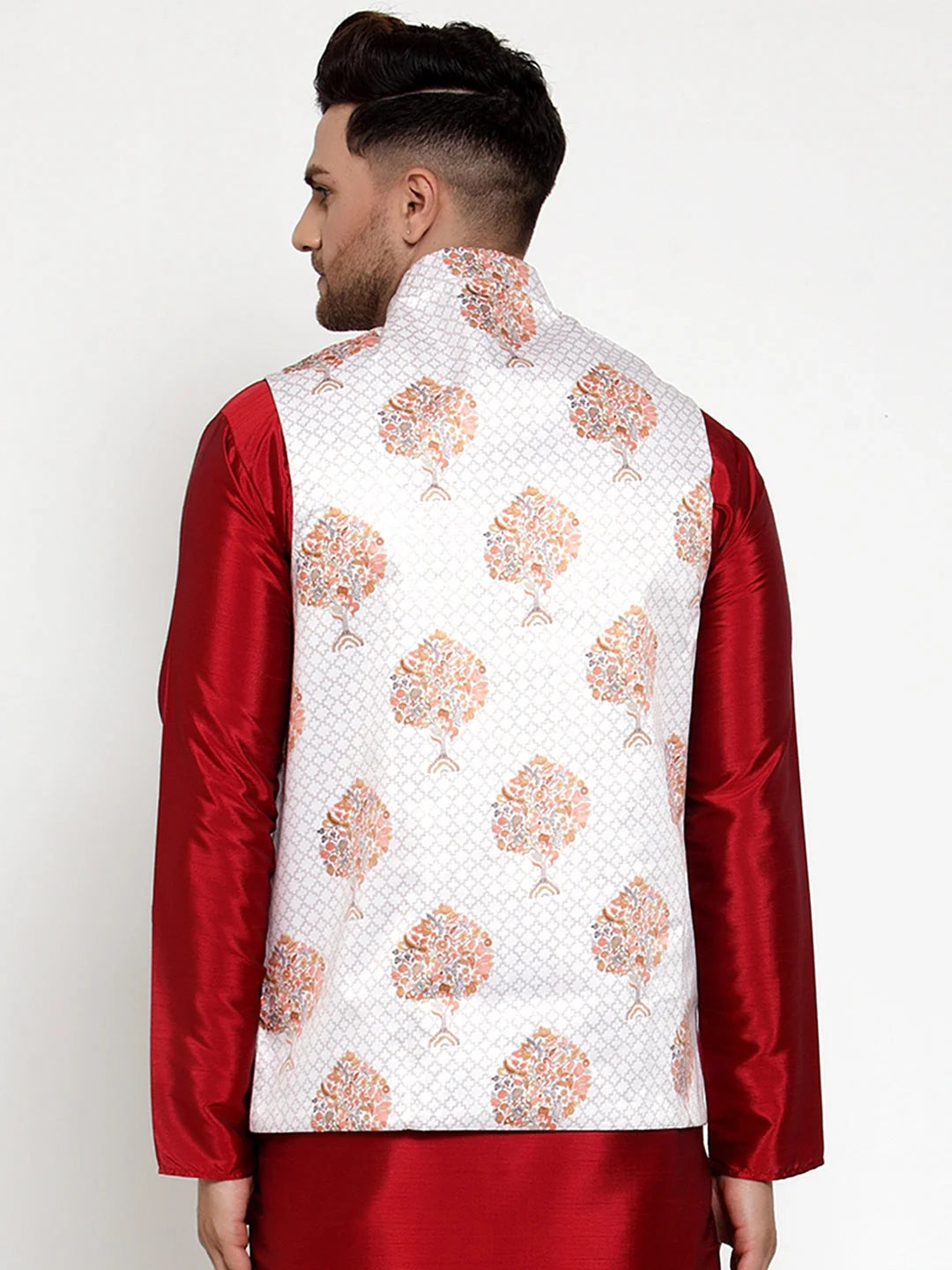 Men's White Printed Nehru Jacket - Cotton Modi Jacket Online