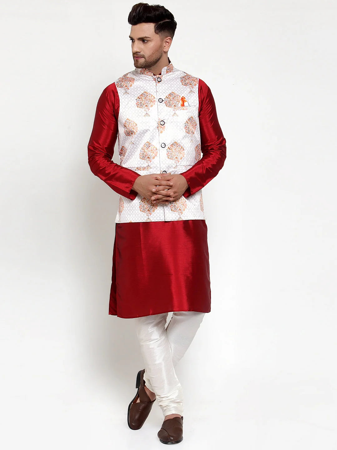 Men's White Printed Nehru Jacket - Cotton Modi Jacket Online