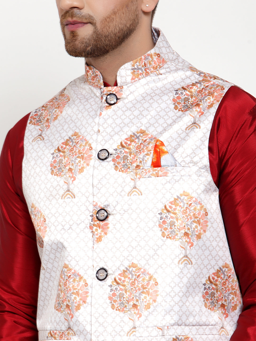 Men's White Printed Nehru Jacket - Cotton Modi Jacket Online