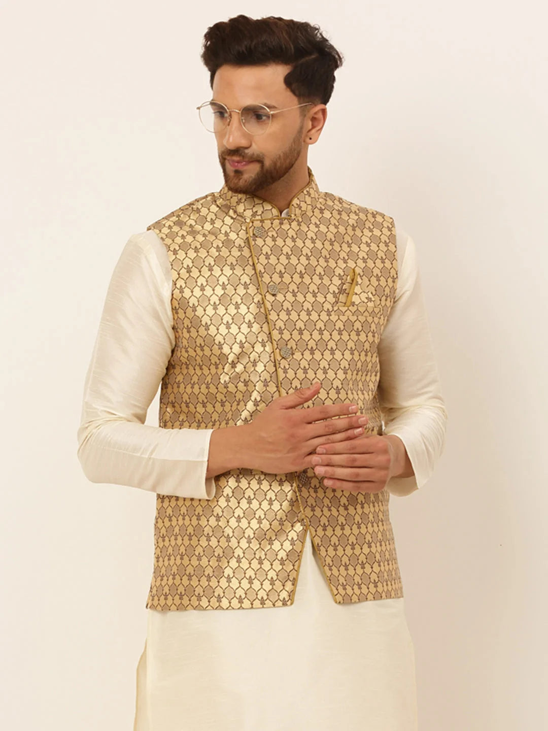 Golden Men's Nehru Jacket: Cotton Woven Design Waistcoat