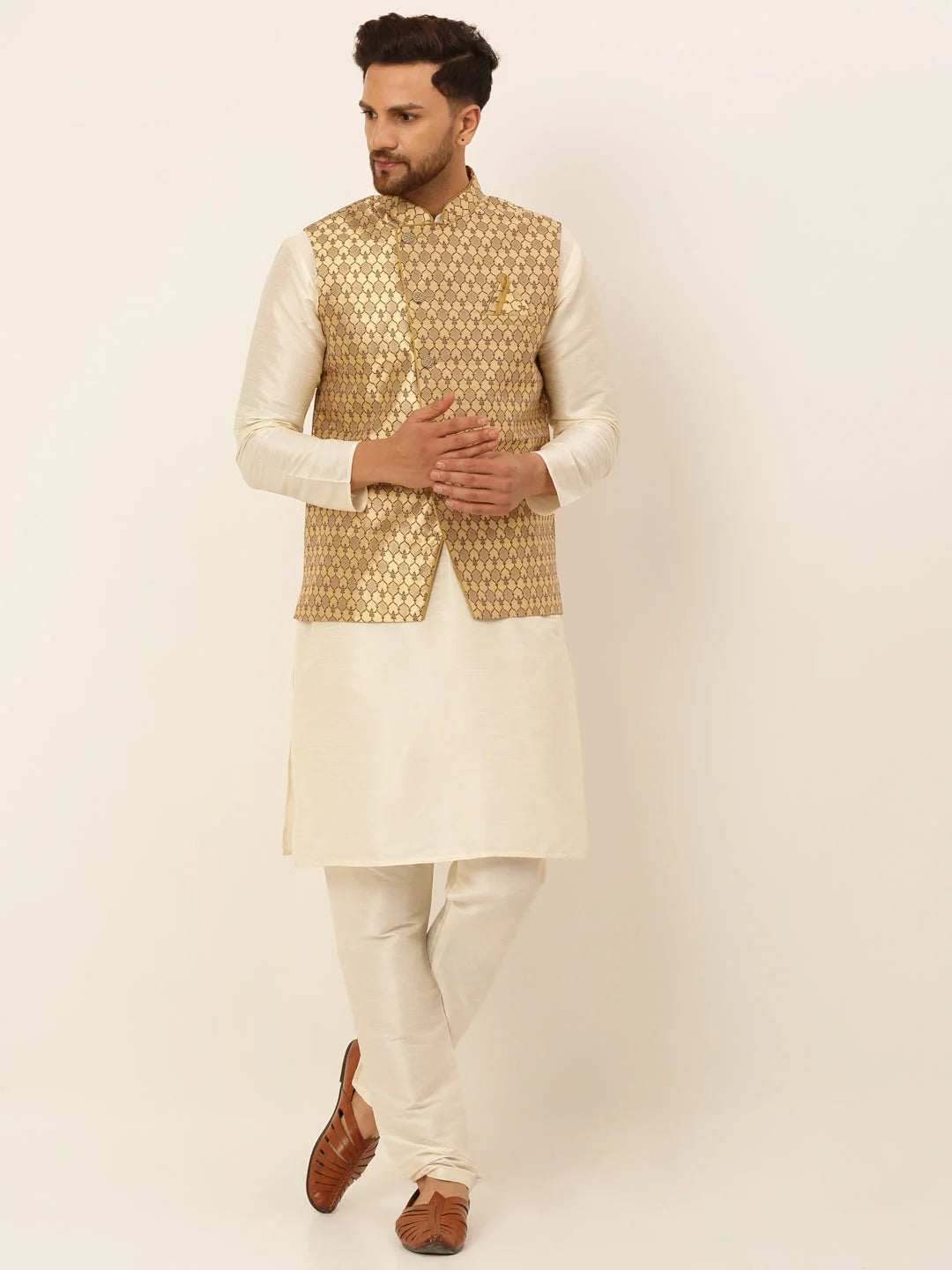 Golden Men's Nehru Jacket: Cotton Woven Design Waistcoat