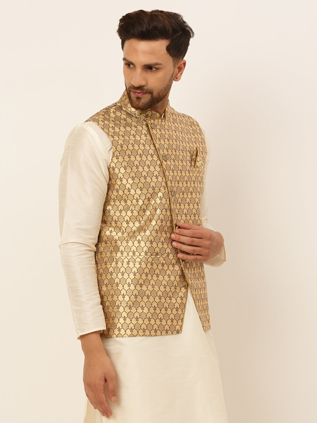 Golden Men's Nehru Jacket: Cotton Woven Design Waistcoat