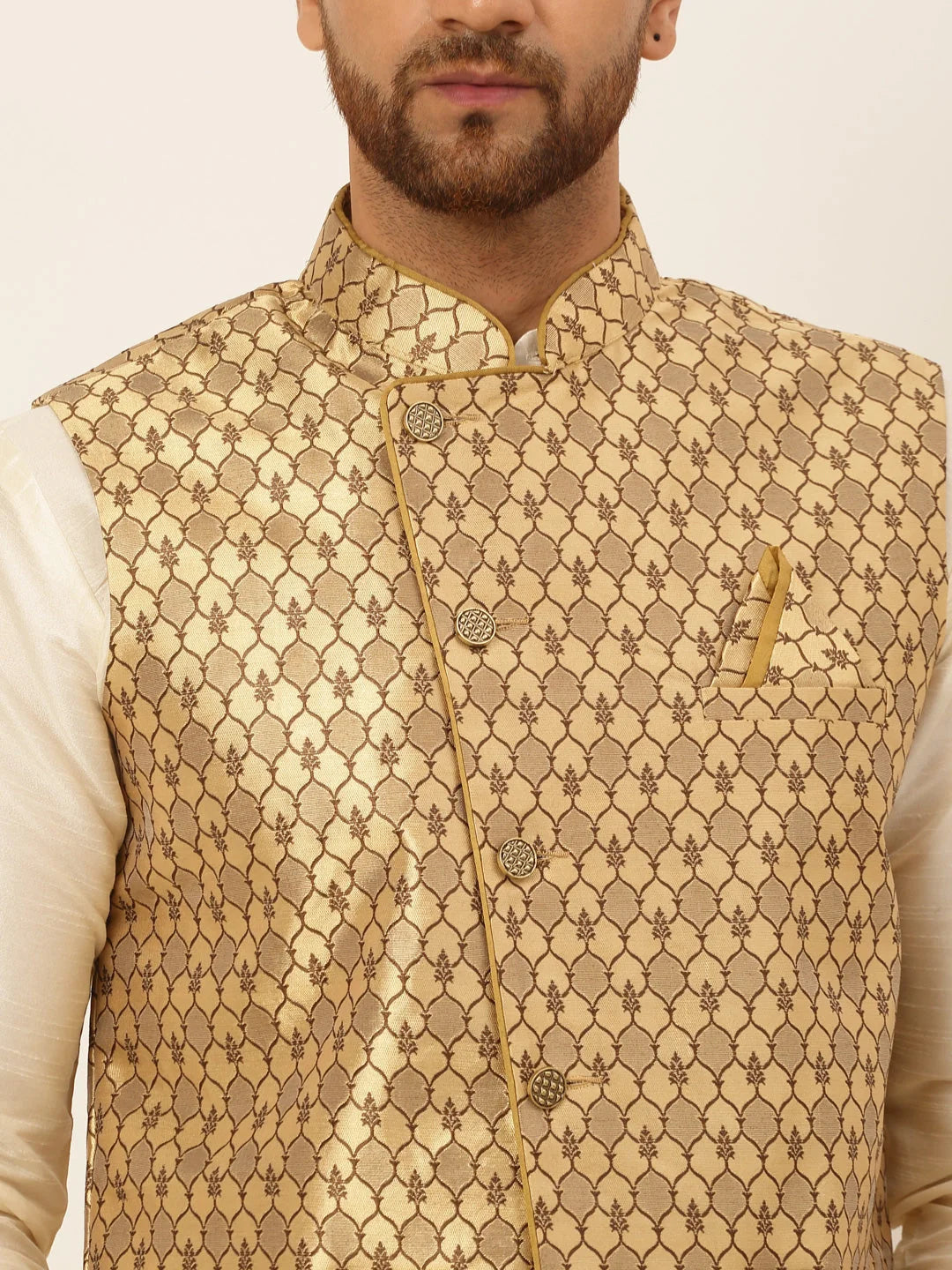 Golden Men's Nehru Jacket: Cotton Woven Design Waistcoat