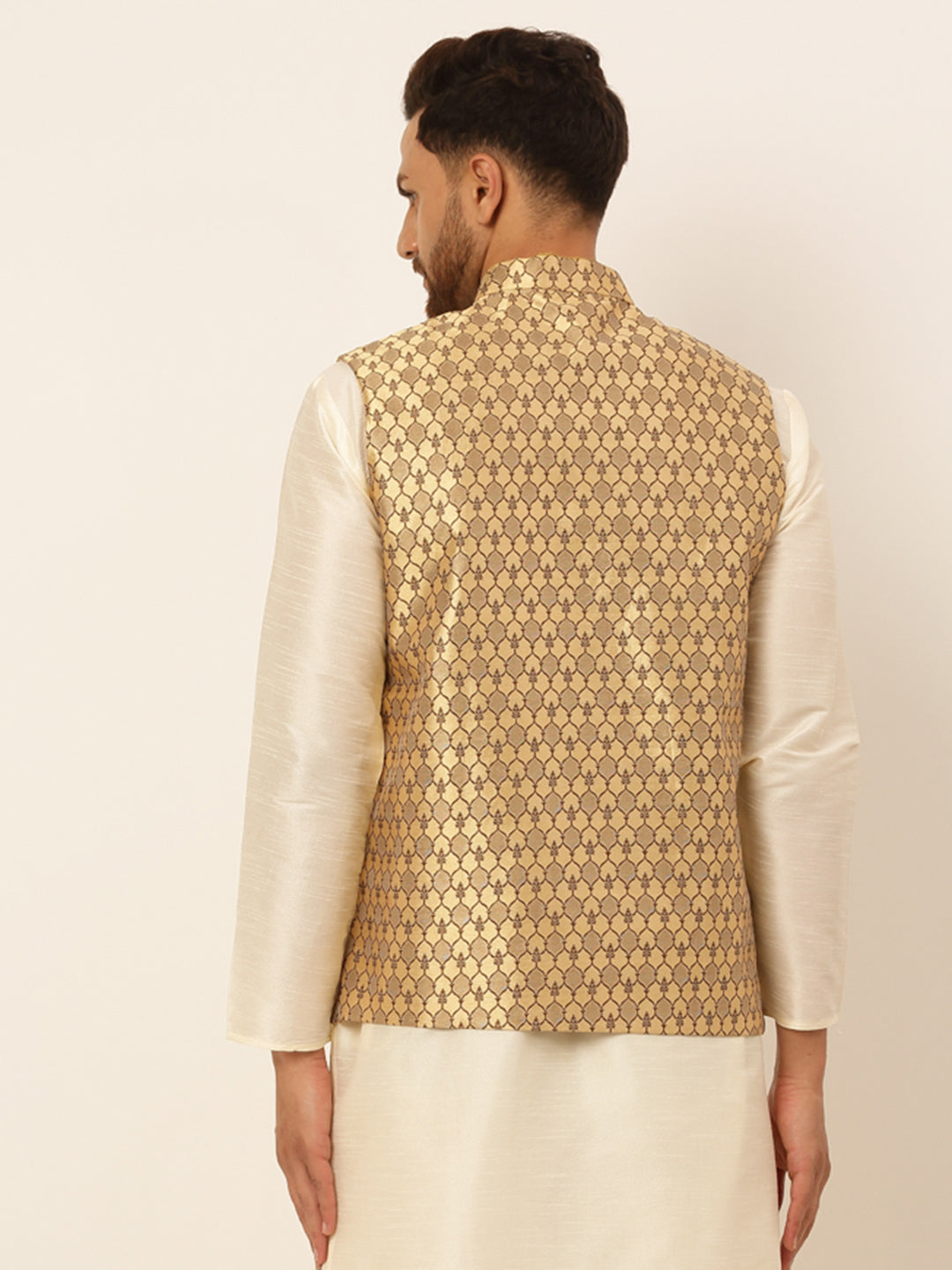 Golden Men's Nehru Jacket: Cotton Woven Design Waistcoat