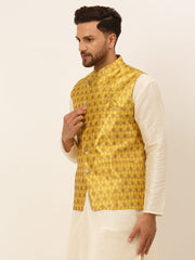 Men's Woven Design Waistcoat ( JOWC 4048Mustard )-JOWC-4048