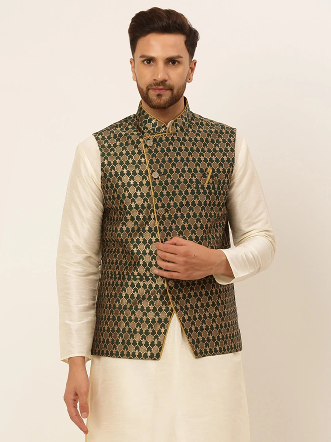 Men's Woven Design Waistcoat ( JOWC 4048Olive )-JOWC-4048
