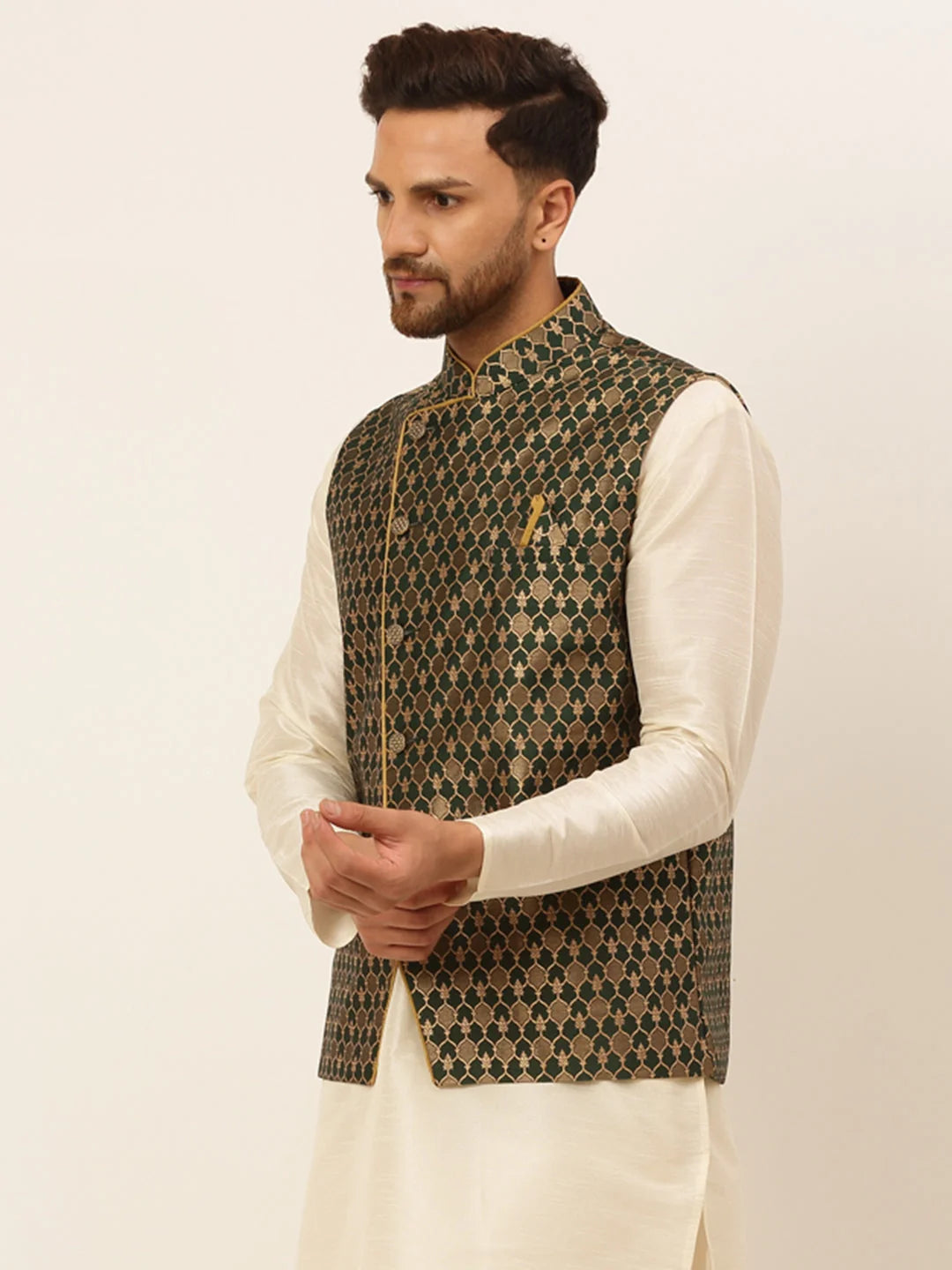 Olive Nehru Jacket: Men's Woven Design Ethnic Waistcoat Online