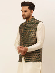 Men's Woven Design Waistcoat ( JOWC 4048Olive )-JOWC-4048