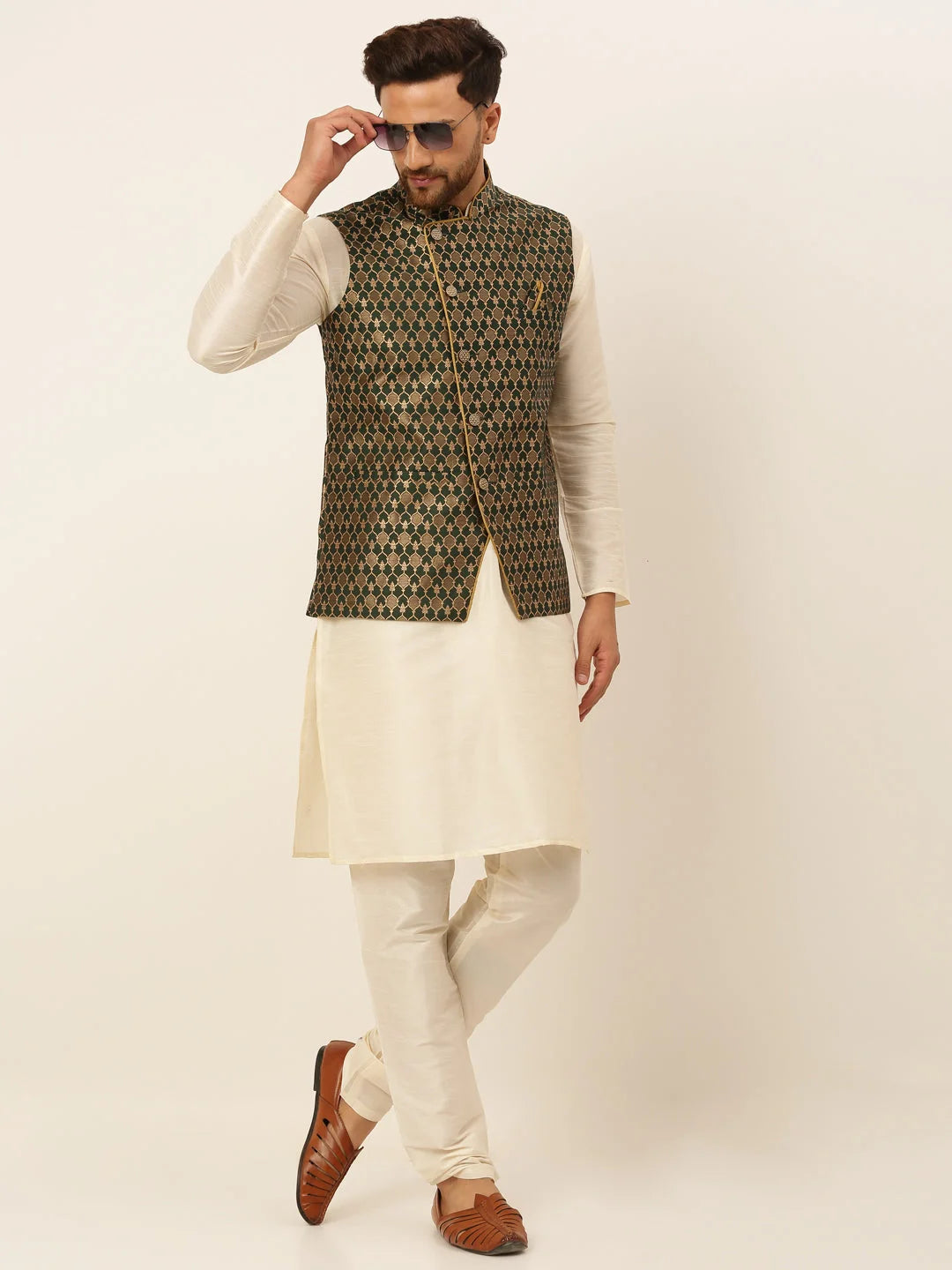 Olive Nehru Jacket: Men's Woven Design Ethnic Waistcoat Online