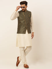 Men's Woven Design Waistcoat ( JOWC 4048Olive )-JOWC-4048