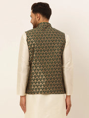 Men's Woven Design Waistcoat ( JOWC 4048Olive )-JOWC-4048