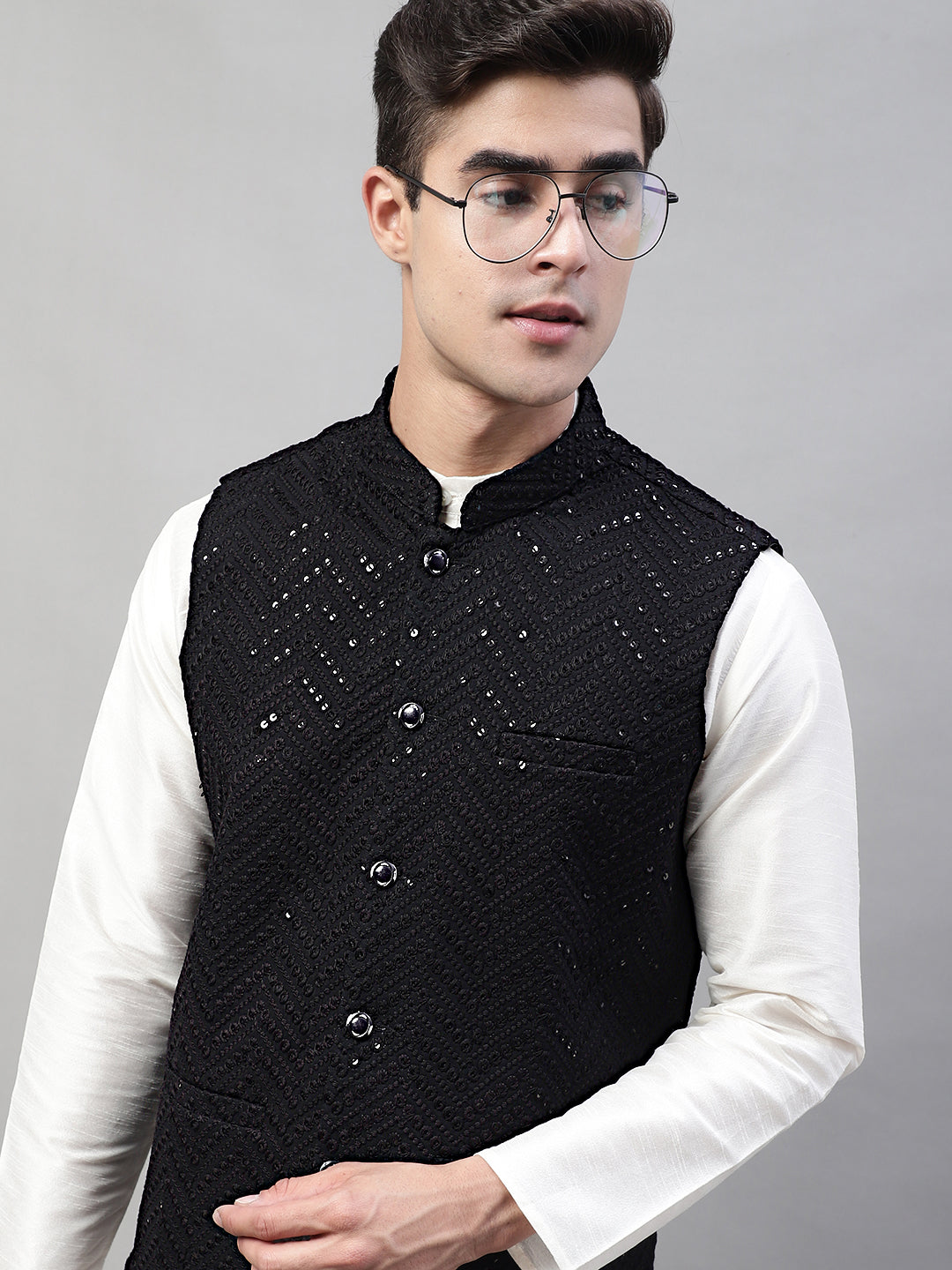 Men Sequins Embroidered Rayon Nehru Jacket-MJOWC-4075