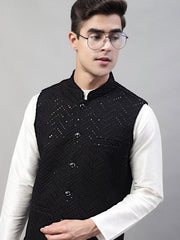 Men Sequins Embroidered Rayon Nehru Jacket-MJOWC-4075