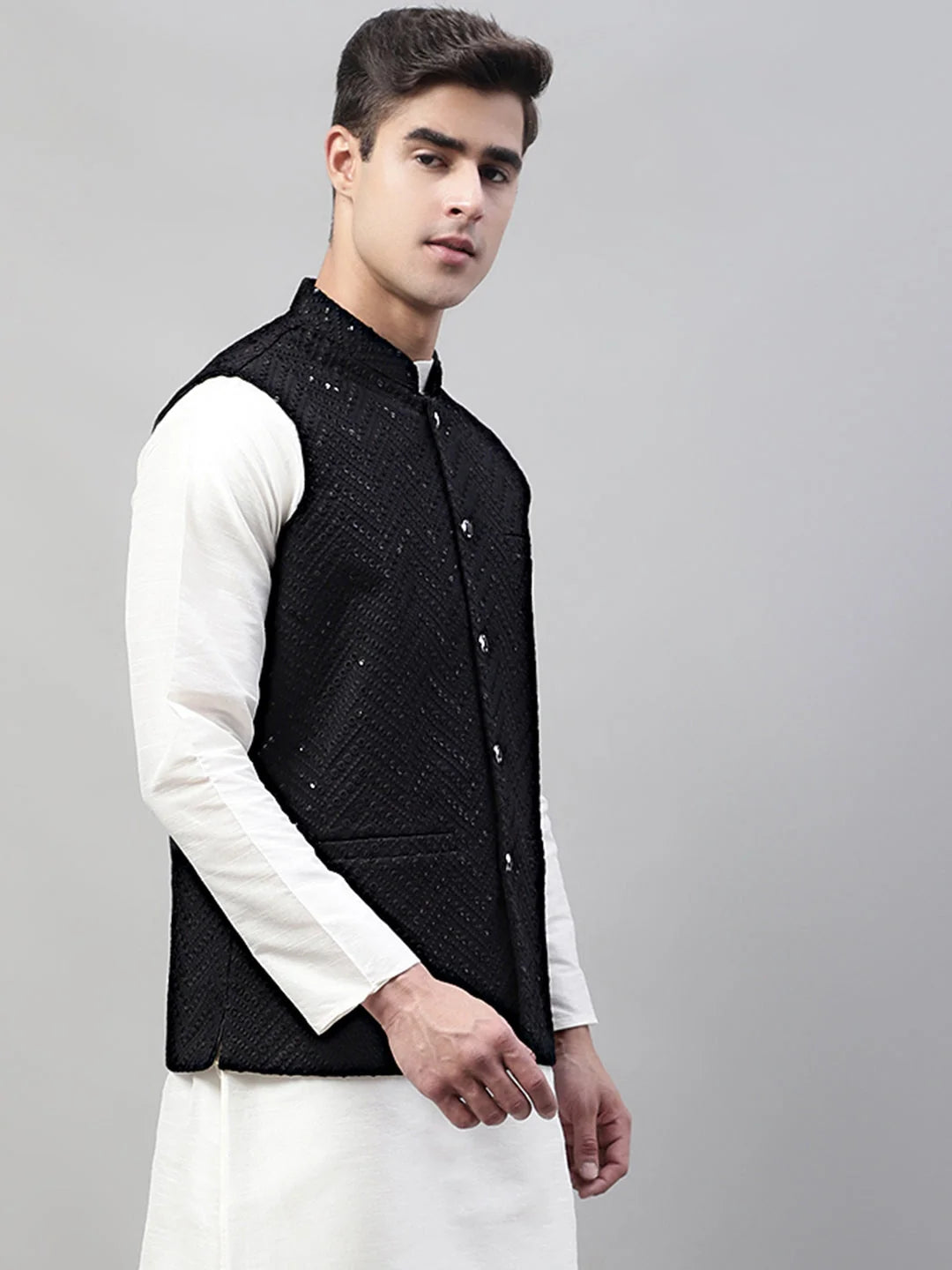 Sequined Rayon Nehru Jacket - Stylish Men's Ethnic Wear