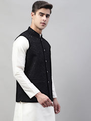 Men Sequins Embroidered Rayon Nehru Jacket-MJOWC-4075