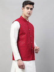 Men's Sequins Style Embroidered Rayon Nehru Jacket-JOWC-4075
