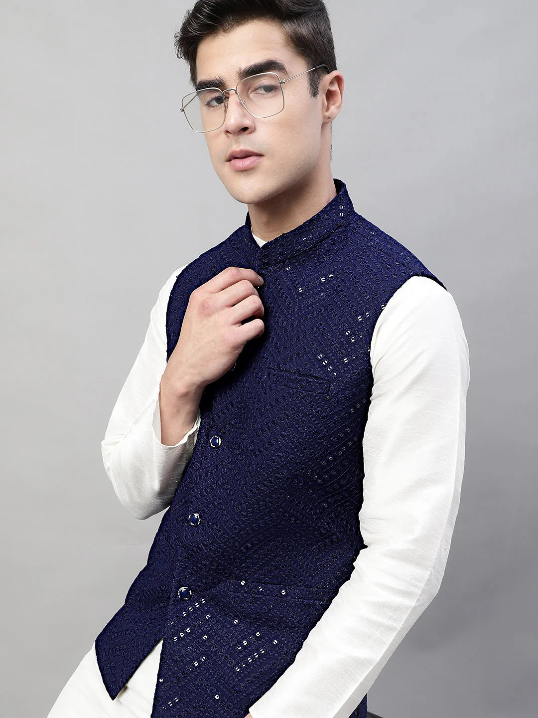 Men Sequins Embroidered Rayon Nehru Jacket-MRJOWC-4075